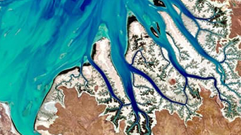 Vue aérienne Landsat d’une baie avec plusieurs affluents, prise en bleu vif, vert et marron.
