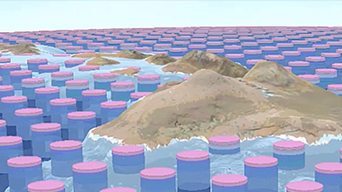 Visualisation 3D de la Terre avec des lignes d’objets sphériques bleus et roses le long de l’océan