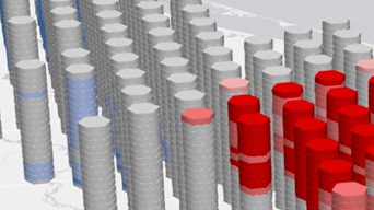 Carte 3D montrant les tendances spatio-temporelles des accidents, avec les zones présentant de nombreux incidents marquées en rouge