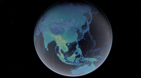 Vue de la Terre depuis l’espace avec les masses continentales en bleu et les océans en noir