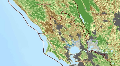 Carte topologique d’une région côtière dans l’Est de l’Amérique du Nord avec des zones mises en surbrillance en rouge