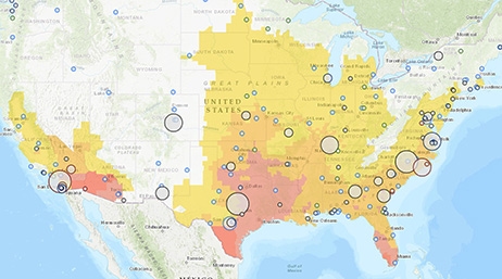 Carte colorée claire des États-Unis avec des sections en jaune, en orange et en rouge indiquant des zones de chaleur d’intensité variable