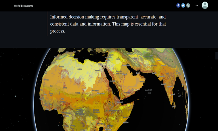 Capture d’écran d’une carte mondiale 3D issue de la carte narrative « Écosystèmes terrestres mondiaux » créée dans ArcGIS StoryMaps.