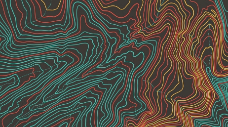 Gros plan d’une carte topographique marron foncé superposée à des lignes de contour jaunes, rouges et vertes