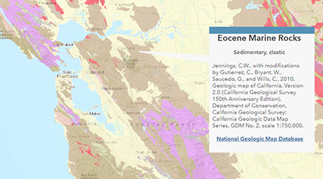 Carte géologique d'un État représentant les roches marines de l'Éocène en mettant en évidence des zones en violet et rouge