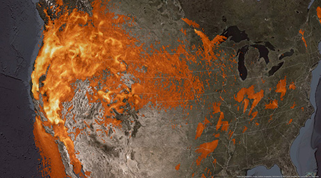 Carte des États-Unis partiellement en feu illustrant la qualité de l'air et l'impact de l'homme 