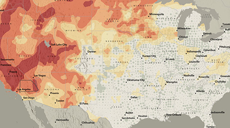 Carte des États-Unis représentant des conditions de sécheresse horribles sur la côte ouest avec des mises en évidence en rouge, orange et jaune