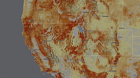 Carte de l'ouest des États-Unis représentant en rouge et jaune les zones où le changement climatique est problématique