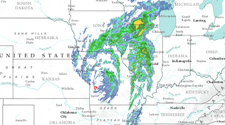 Carte d'une tornade tourbillonnant à travers le Midwest des États-Unis 