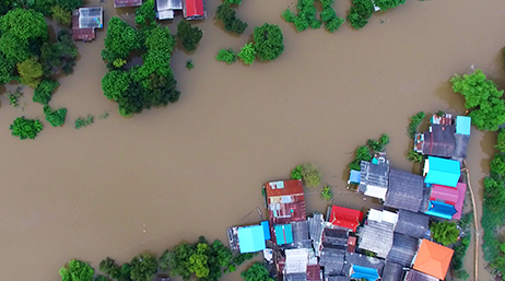 Vue aérienne de maisons et d’arbres inondés d’eau boueuse
