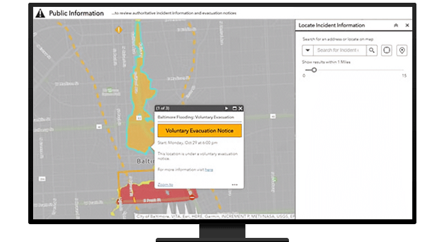 Ordinateur affichant un navigateur Web avec un avis d’évacuation volontaire mis en surbrillance jaune avec une zone rouge en dessous
