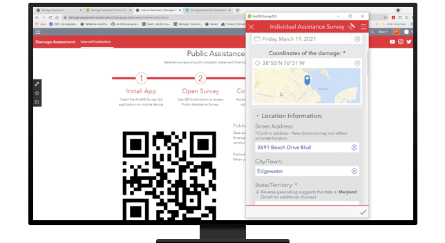 Ordinateur de bureau avec un navigateur Web affichant une évaluation de dégâts avec un QR Code et une deuxième fenêtre de navigateur ouverte sur une enquête d’assistance individuelle