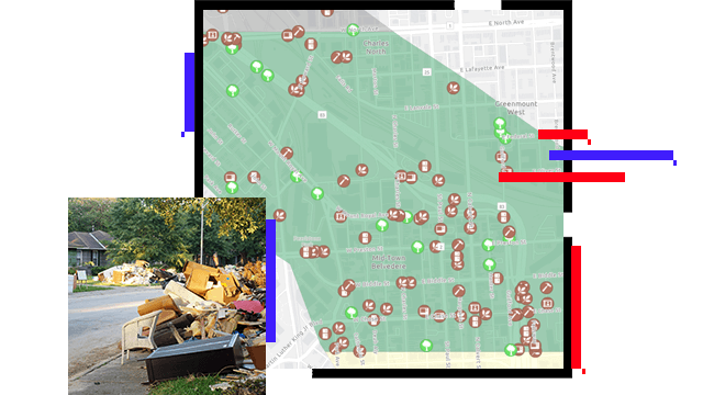 Carte affichant des icônes d’emplacement des débris et trottoirs jonchés d’amas de décombres