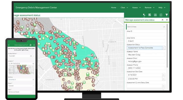 Ordinateur de bureau affichant une évaluation du centre de gestion des débris en urgence avec une carte et des icônes qui montre la localisation des débris et vue mobile sur un téléphone portable