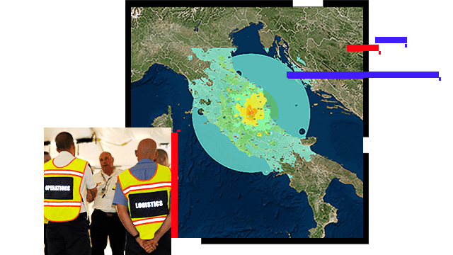 Carte d’Italie avec une zone de points chauds et un cercle bleu qui rayonne et hommes avec des gilets jaunes Logistiques et Opérations sous une tente