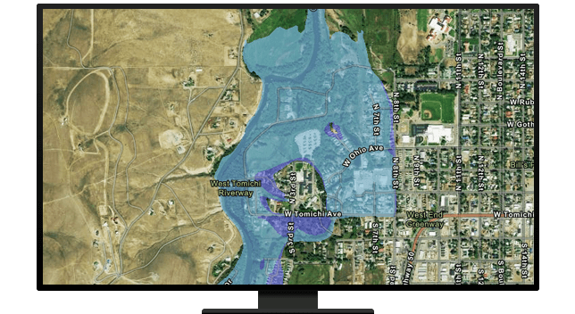 Ordinateur affichant la carte d’une zone inondée