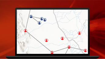 Carte avec des cercles bleus et rouges