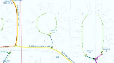 Plan de ville simple dans des lignes bleues sur un arrière-plan blanc avec des routes ombrées en jaune et en violet