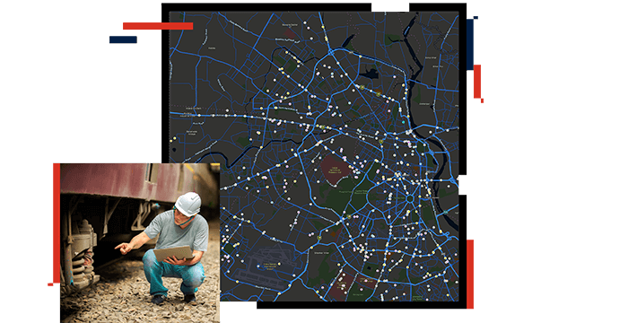 Montage d’une carte sombre avec des lignes bleues et des points blancs. Ouvrier portant un casque de chantier montrant une bobine sous un véhicule de chemin de fer