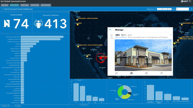 Tableau de bord en ligne bleu avec un diagramme à barres, une carte sombre et la photo d’un bâtiment