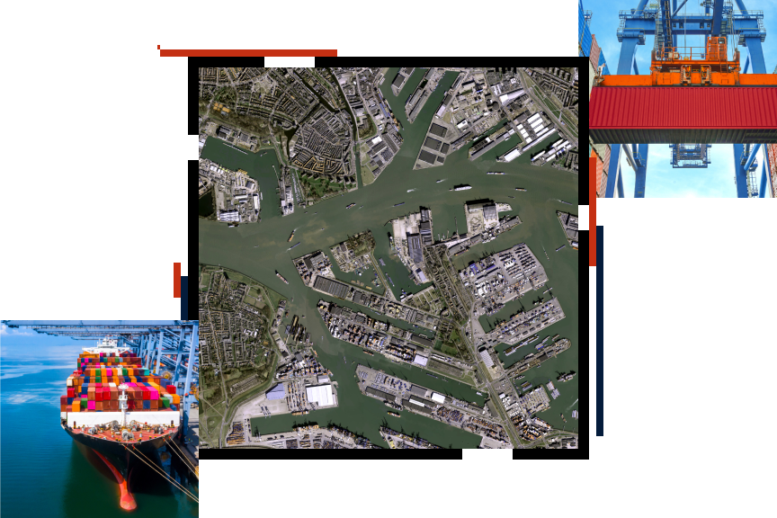 Photo aérienne d’un port industriel animé entouré d’eaux vertes ternes et deux photos de navires et équipement déplaçant des conteneurs d’expédition colorés