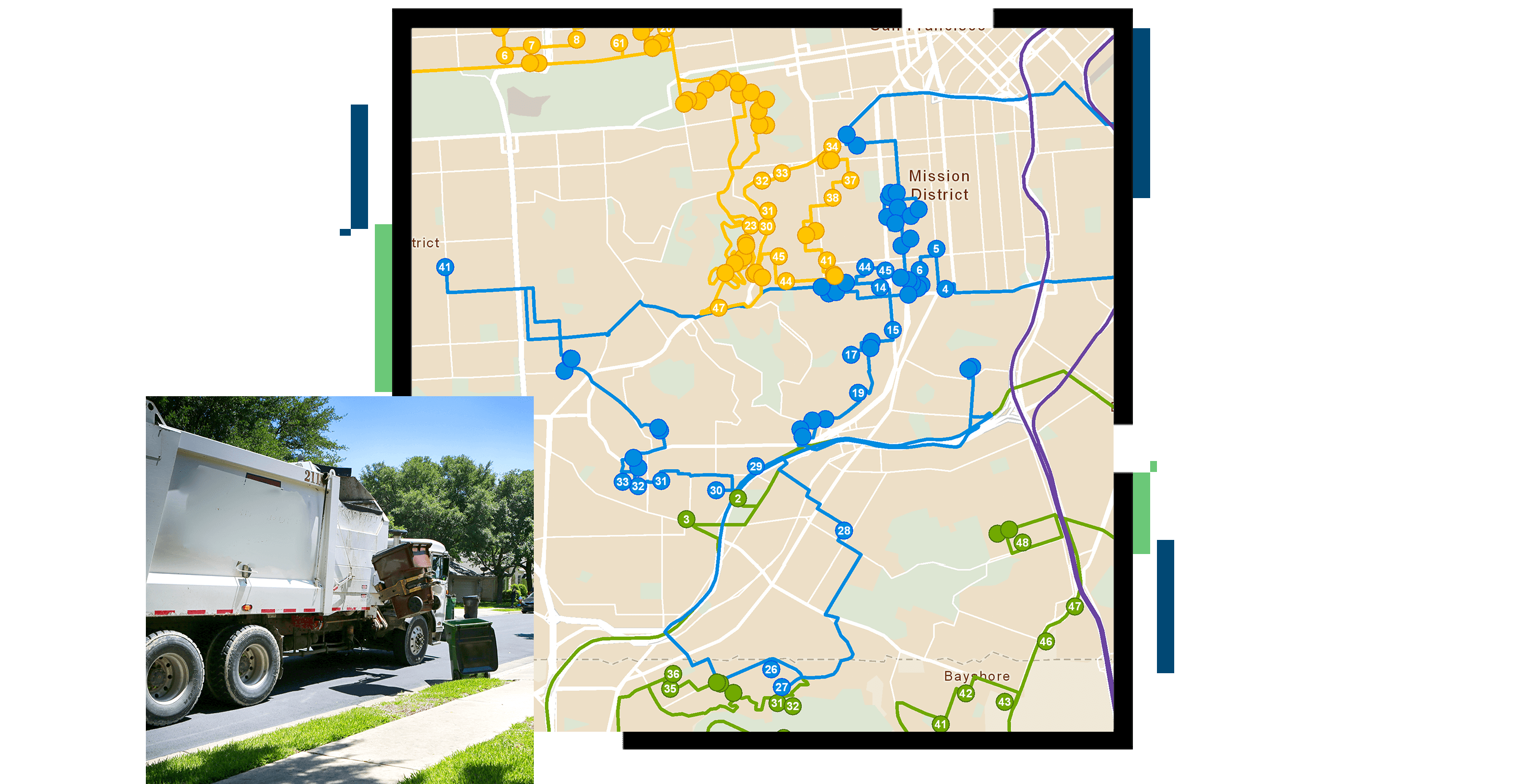 Camion à ordures ménagères soulevant une benne pour jeter son contenu à l’arrière du camion et une carte affichant toutes les localisations de ramassage dans des itinéraires en jaune, bleu-vert et violet. 