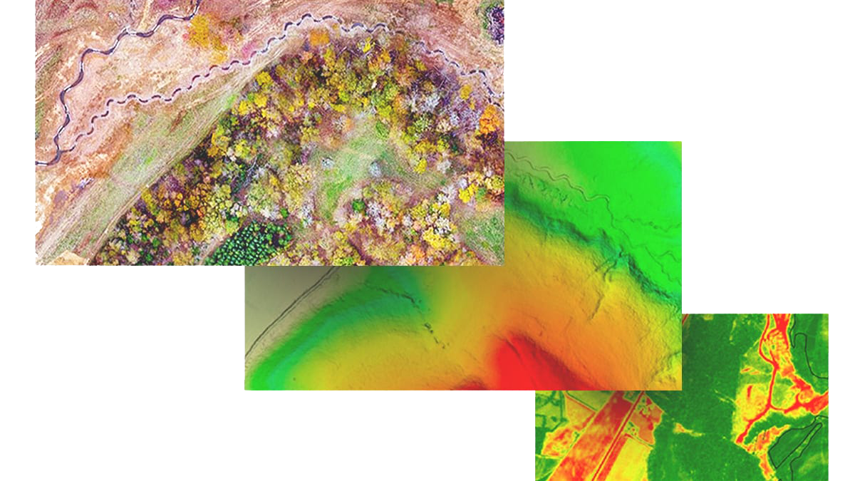 Une image satellite représente des parcelles de terre le long d’une rivière, avec des champs carrés et circulaires mis en évidence en bleu, orange et jaune.