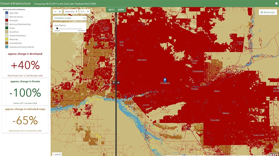 Une carte représente l’extension prévue des infrastructures vertes à Phoenix, dans l’Arizona, entre 2011 et 2050.