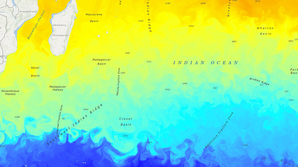 Une carte de l’océan Indien montre la température de l’eau de mer dans un dégradé de bleu, de jaune et d’orange.