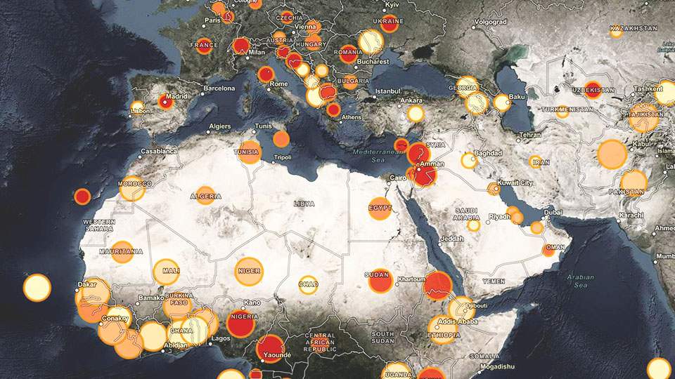 Une carte de l’Afrique du Nord, du Moyen-Orient et de l’Europe du Sud montre les concentrations de données en cercles jaunes, orange et rouges.