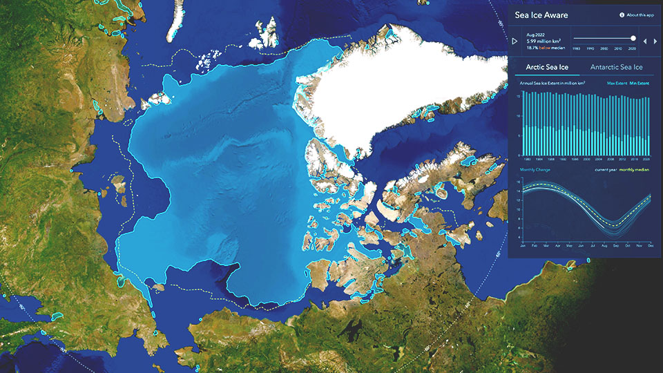 Une carte de l’Arctique montre les concentrations en glace et le niveau de la mer dans la région au fil du temps.