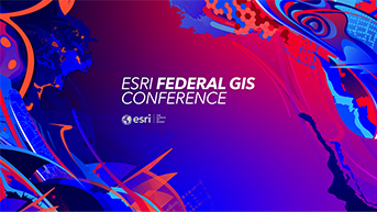 Slide PowerPoint abstraite bleue et rouge, avec écrit "Esri Federal GIS Conference"