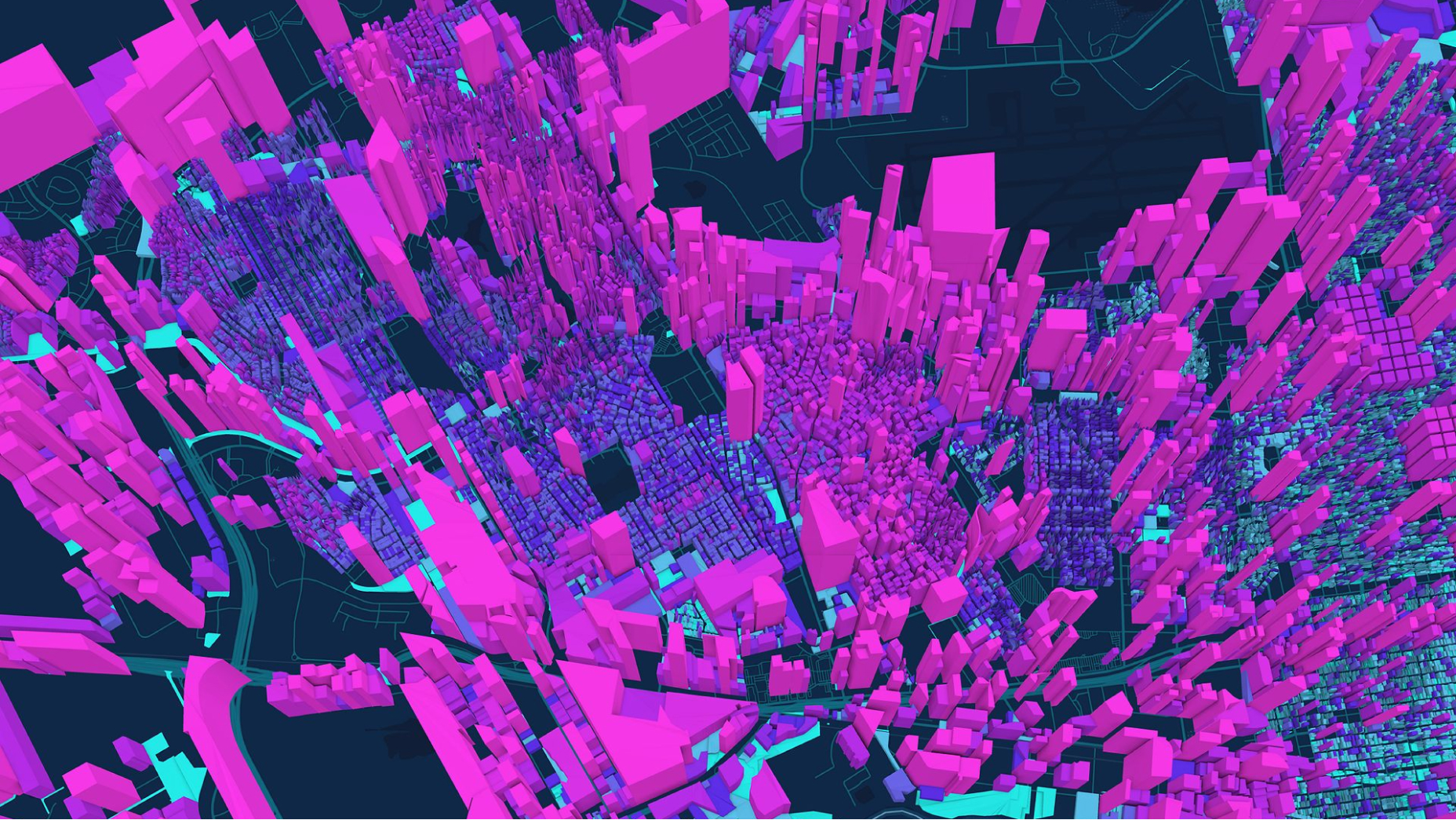 Image 3D d’une ville avec des bâtiments en violet et bleu
