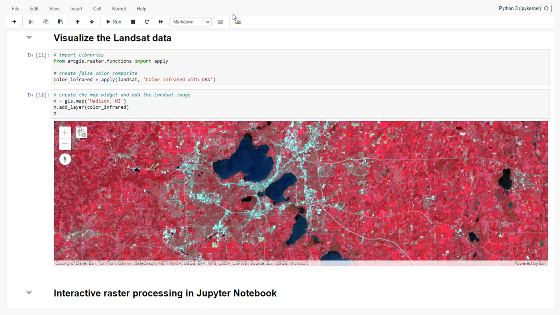 Carte Web rouge affichant un rendu Couleur infrarouge d’une image Landsat sur la ville de Madison, dans le Wisconsin