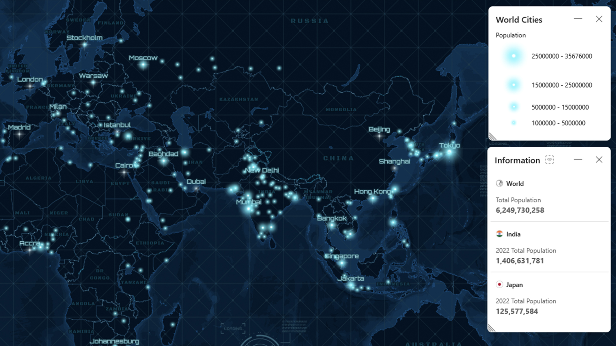 Carte du monde interactive ArcGIS for SharePoint en noir et bleu représentant des données sur la population et des points de données blancs dispersés