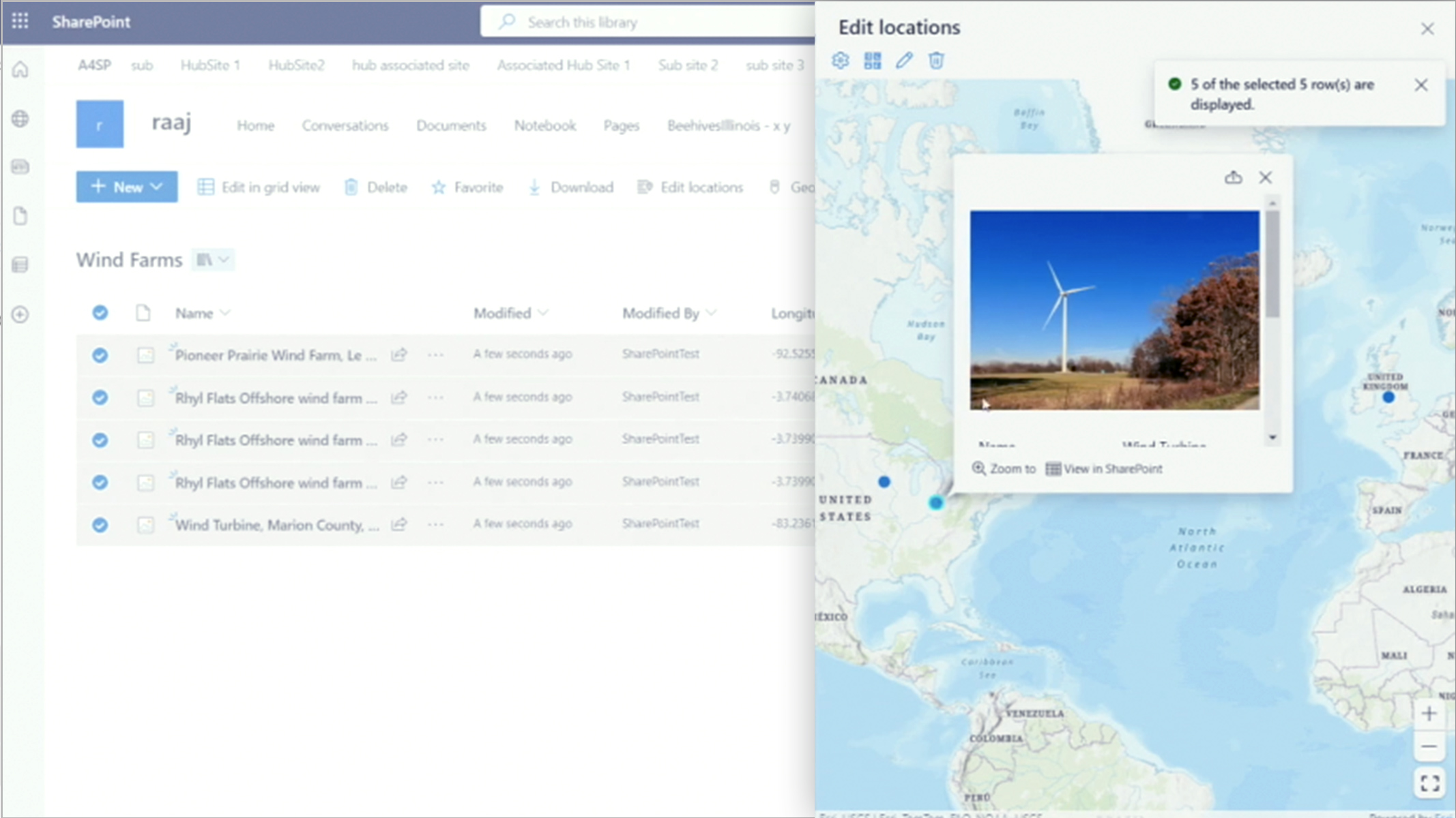 Interface ArcGIS for SharePoint avec une carte affichant la localisation d’éoliennes, à droite, et une liste dans SharePoint, à gauche