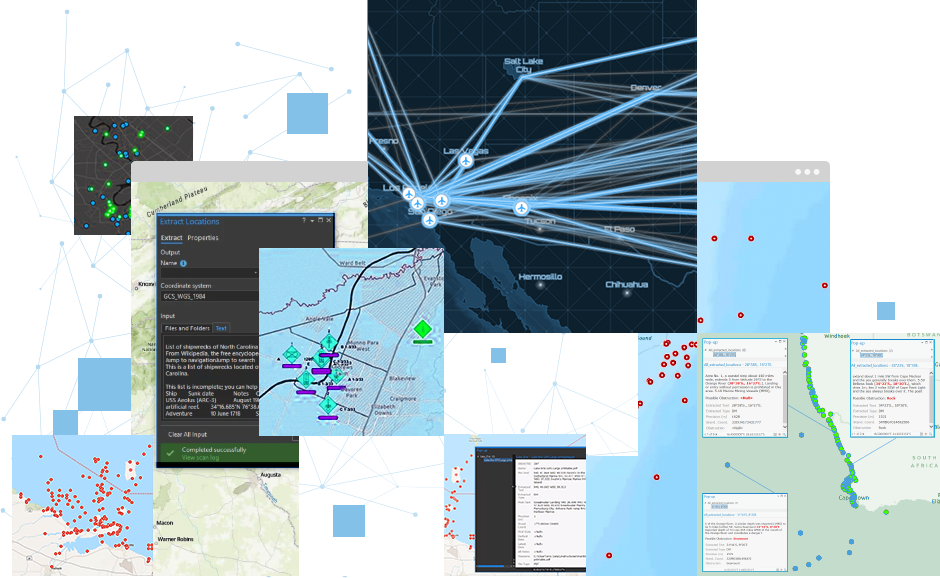 Série de cartes représentant des points de données éparpillés illustrant les origines et les destinations des aéroports pour le suivi du COVID-19