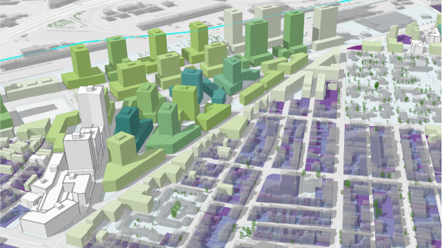 Bâtiments 3D en vert et violet représentant des enveloppes transparentes en 3D illustrant la hauteur constructible maximale dans un quartier
