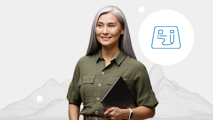 Femme portant une chemise verte et tenant un ordinateur portable noir, et icône en encart dans un cercle blanc