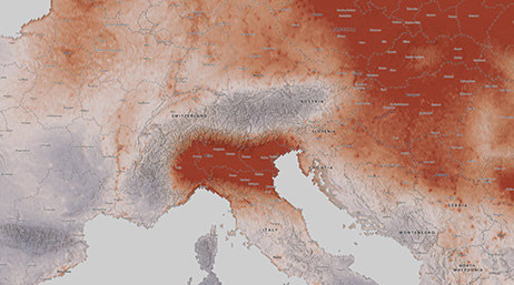 Carte de l'Europe avec différentes nuances de rouge représentant la qualité de l'air dans les différentes parties du continent
