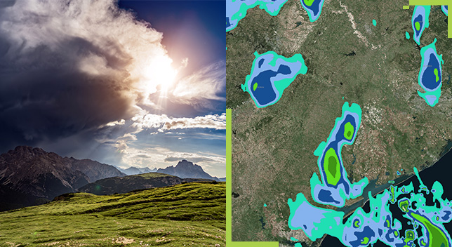 Écran fractionné présentant un champ verdoyant et des montagnes éclairés par le soleil perçant à travers les nuages, ainsi qu’une carte de modèles météorologiques