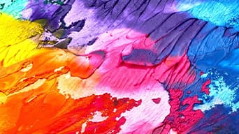 Épaisses couches de peinture de différentes couleurs : jaune, orange, rouge, rose, turquoise, bleu marine et violet foncé