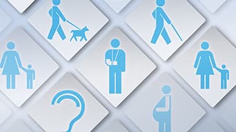 Graphique en forme de losange argenté, rempli d’icônes bleues illustrant des personnes avec des besoins en matière d’accessibilité, par exemple une personne qui a le bras cassé et une personne avec une canne