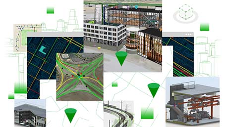 Collage avec trois photos de modèles de bâtiments 3D, une photo aérienne du paysage et une carte numérique