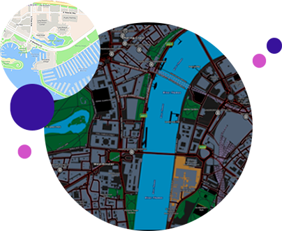 Plan de ville quadrillé avec des zones mises en évidence en bleu