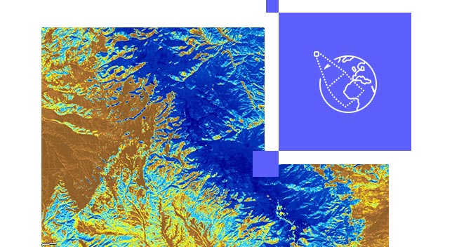 Imagerie terrestre par satellite montrant le terrain d'un littoral avec de la terre et de l'eau et une icône de nuage avec une flèche vers le haut à l'intérieur