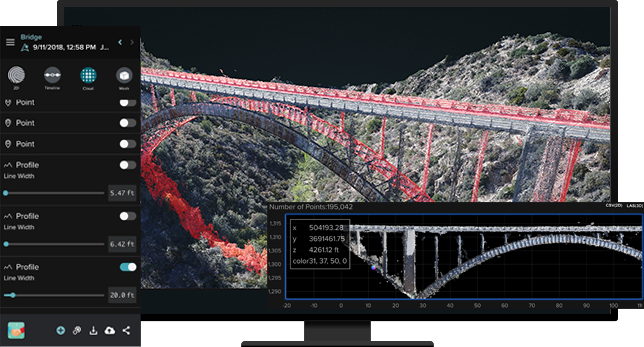 Écran d’ordinateur de bureau affichant l’image d’un pont capturée par un logiciel d’analyse compatible avec les drones