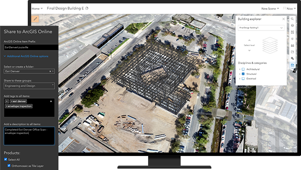 Écran d’ordinateur de bureau avec une image prise par drone d’un complexe de bureaux et de voitures sur un parking, accompagnée d’un volet de paramètres avec des options ArcGIS Online