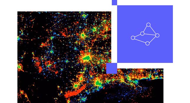 Carte montrant des points blancs dans un ciel noir représentant les données de la veilleuse et une petite image montrant les densités vertes et violettes