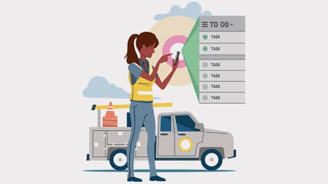 Illustration représentant un ouvrier sur le terrain cochant des tâches terminées sur une application mobile
